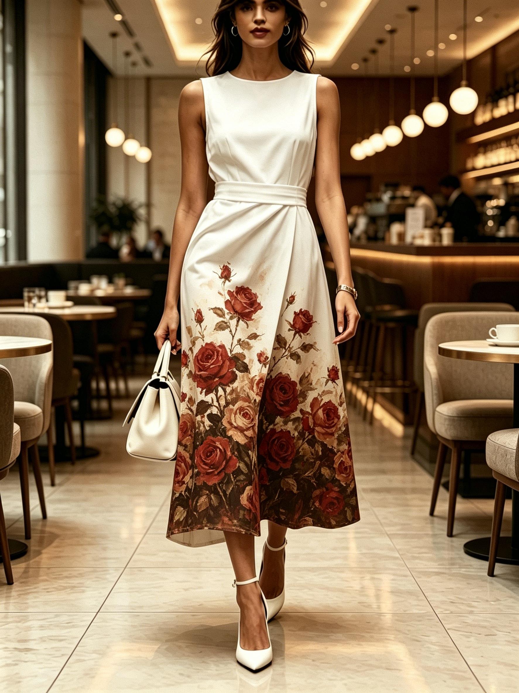 

Women Round Neck Sleeveless Midi Dress White with Red and Brown Rose Print Modern Elegant Casual Fashion Spring Summer Autumn Womens Clothing XXL