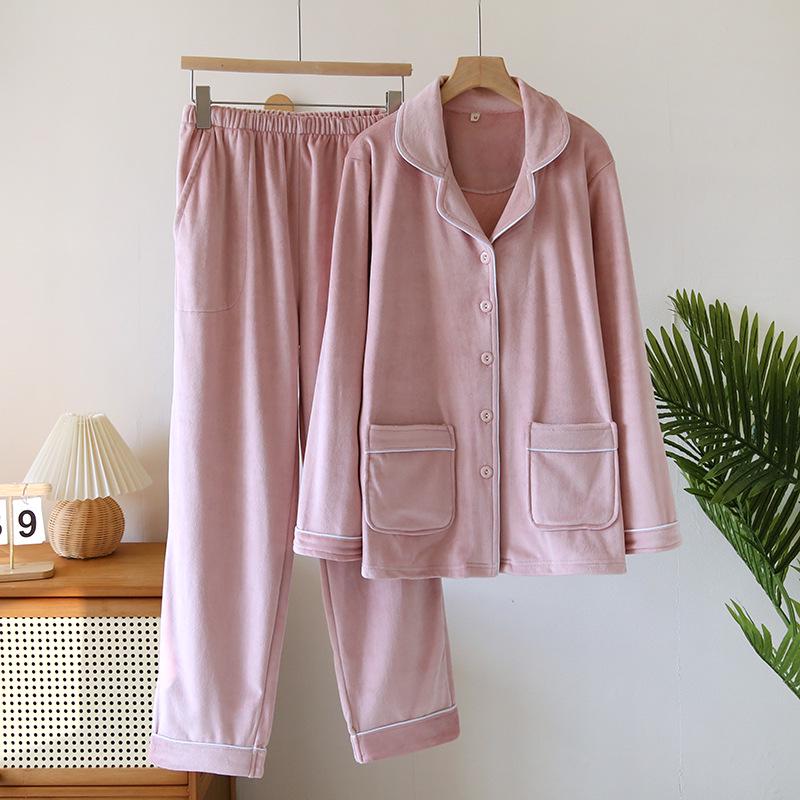 Women's Winter Fleece Pajama Set - Warm Cardigan, Long Sleeves, Side Pockets, Can Be Worn Outside in Spring and Autumn