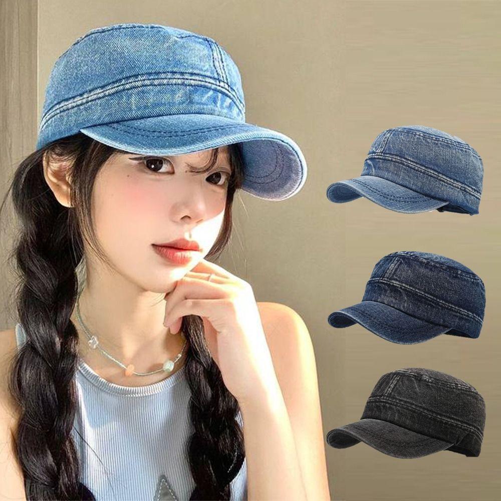Demin Peaked Cap Flat Top Cadet Cap Korean Baseball Hat  Men Women