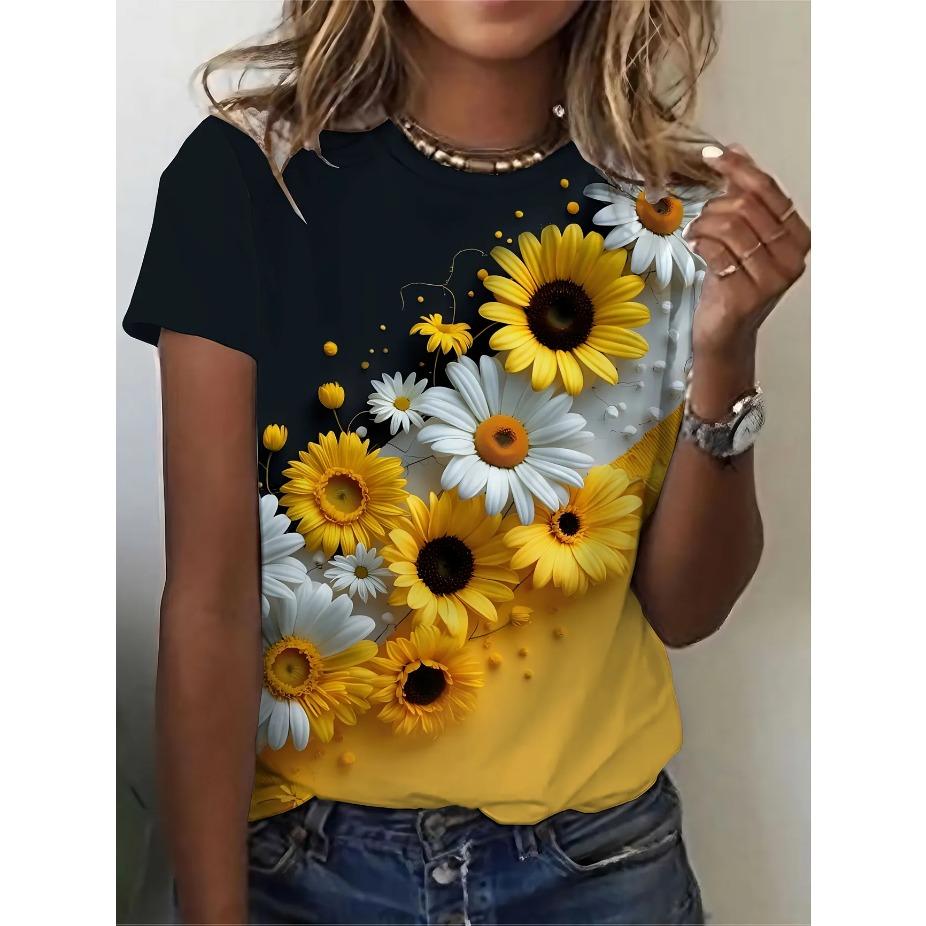Tricou de damă cu imprimeu floral - Galben viu și albastru margaretă gât rotund mânecă scurtă top casual pentru toate anotimpurile tricouri de damă