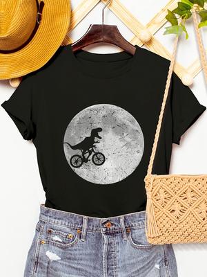 Dinosaurier- und Mond-Print Kurzarm Rundhals T-Shirt harajuku Damen T-Shirt y2k Kleidung stranger things
