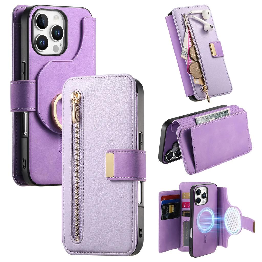 2 in 1 Detachable Cards Solt Zipper Wallet Leather Case For iPhone 16 Pro Max 15 Plus 14 13 12 11 RFID Purse Pocket Flip Cover
