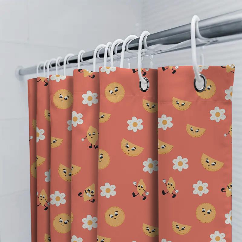 Fruit Pattern Shower Curtain With Cartoon Design For Bathroom Decor Peach Color, Waterproof Fabric Suitable For Kids' Rooms Or K
