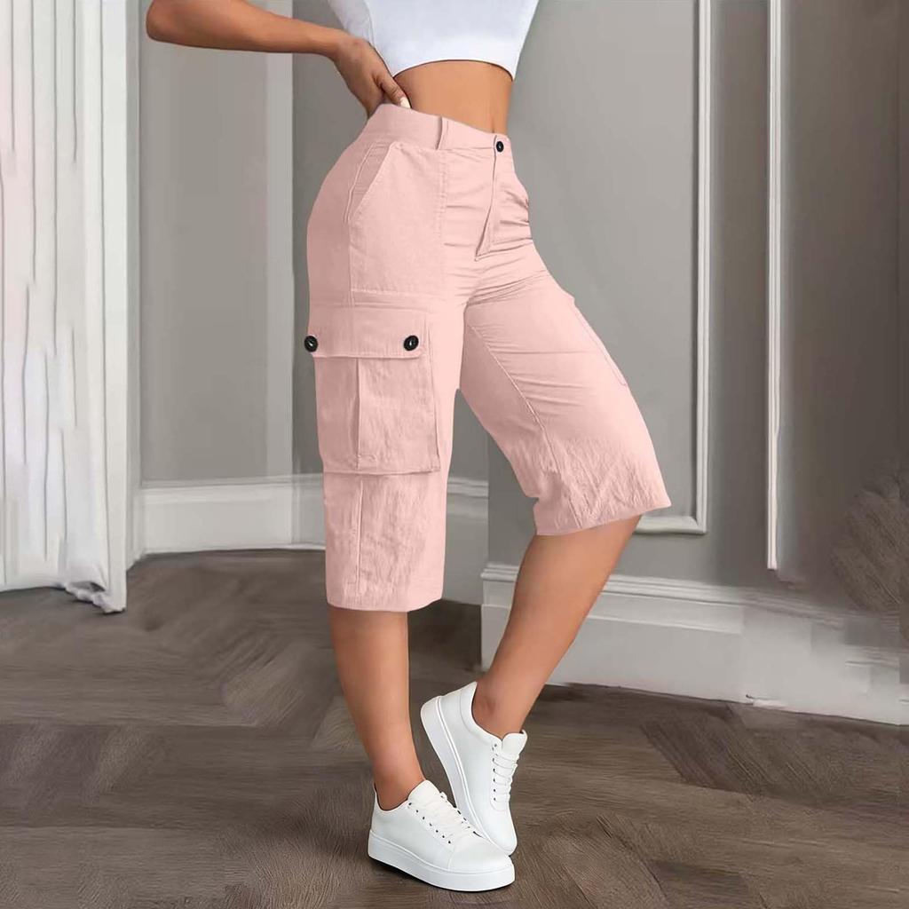 Damen Mid-Waist Relaxed Fit Cargo-Shorts mit elastischem Bund hinten, Knopf- und Reißverschluss, Mehrere Taschen