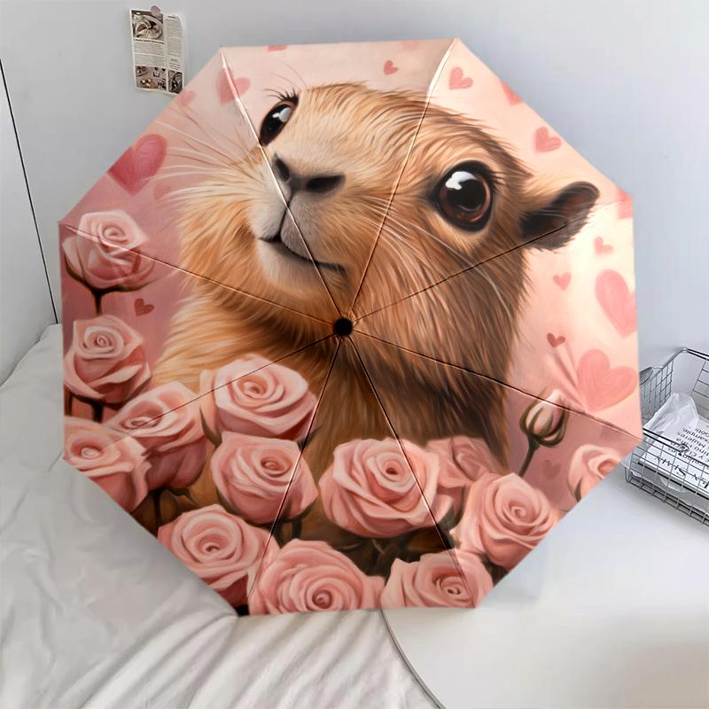 

Capybara and Rose pattern, automatic folding umbrella, portable and foldable design, 8 ribs, a Christmas or birthday gift.
