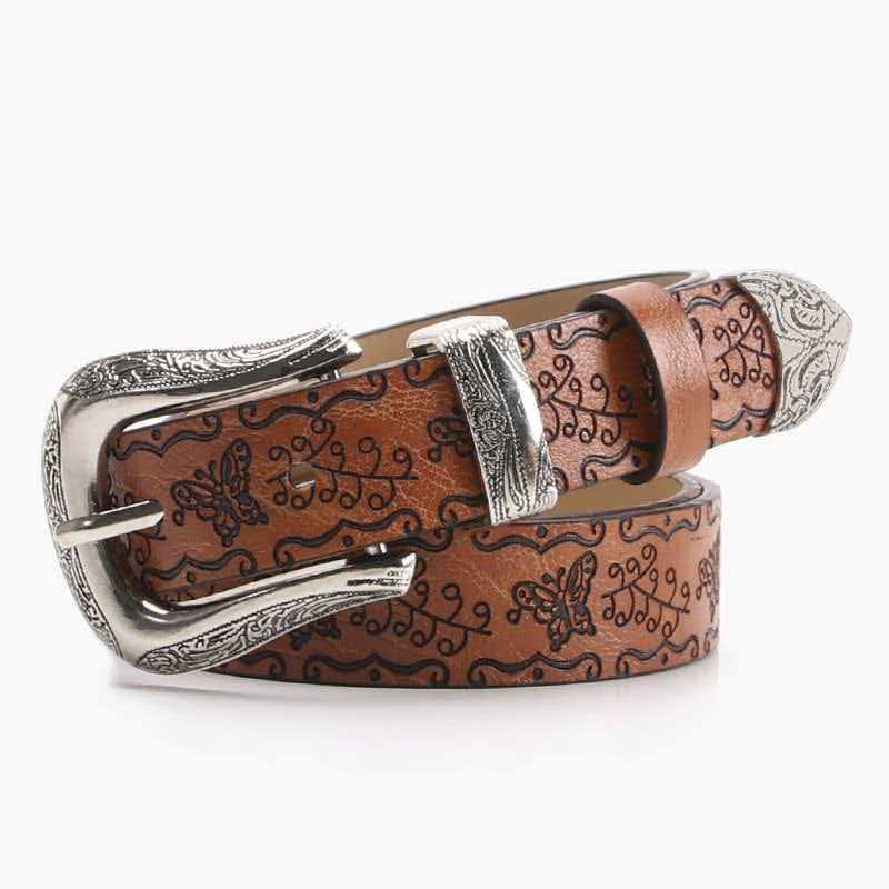 Western Style Embossed Leather Belt with Decorative Metal Buckle and Tip for Men and Women Casual and Formal Wear