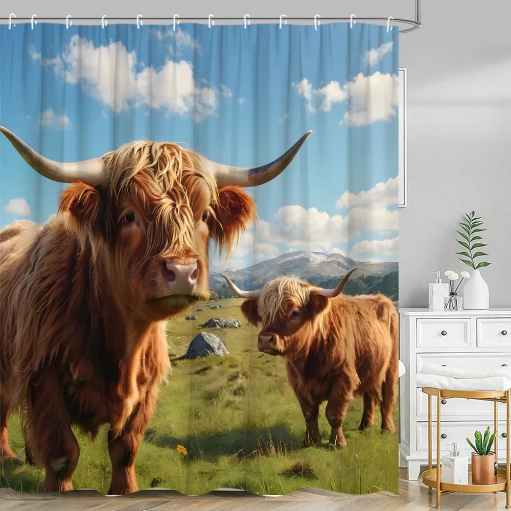 Funny Highland Cow Shower Curtain Farm Cartoon Pig Dog Flower Plant Rustic Farmhouse Kid Polyester Fabric Bathroom Decor Curtain