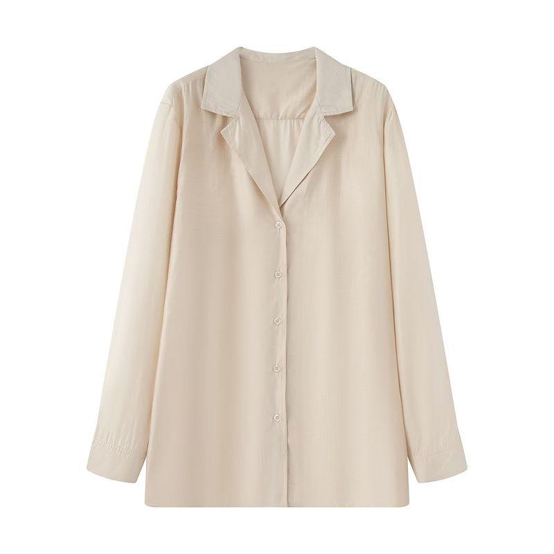Fall Women's Clothing French Simplicity Style Asymmetric Hem Lapel Silk Blended Long Sleeves Shirt 3819008
