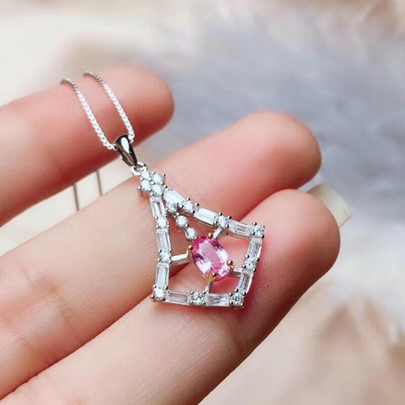 Open Rhombus Frame Oval Pink Center Stone Mixed Cut Paved Pendant Women Box Chain Clavicle Necklace