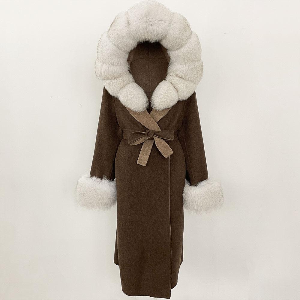 OFTBUY Winter Women Coat Real Natural Fox Fur Hooded Detachable Collar Double-faced Woolen Jacket Long Casual Elegant Overwears