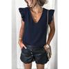 Women European Casual Solid V Neck Sleeveless Ruffle Pullover T Shirt Top