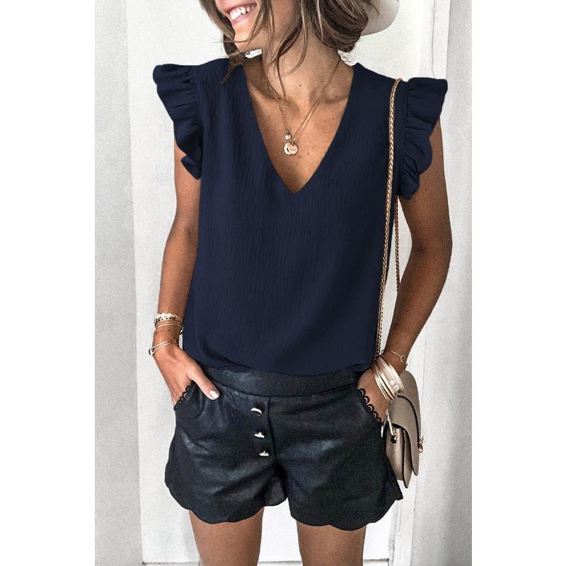 Women European Casual Solid V Neck Sleeveless Ruffle Pullover T Shirt Top