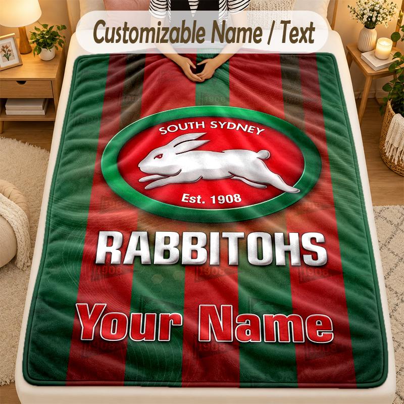 Flannel BlanketSouth Sydney Rabbitohs Custom Name Text Personalized Soft Warm Throw Blanket Home Decor Gift
