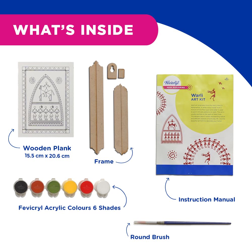 Fevicryl Warli Mini Kunst-Set DIY Holzbrett Acrylfarben Pinselset Packung mit 1 Kreatives Bastelset für Zuhause Schule Geschenke