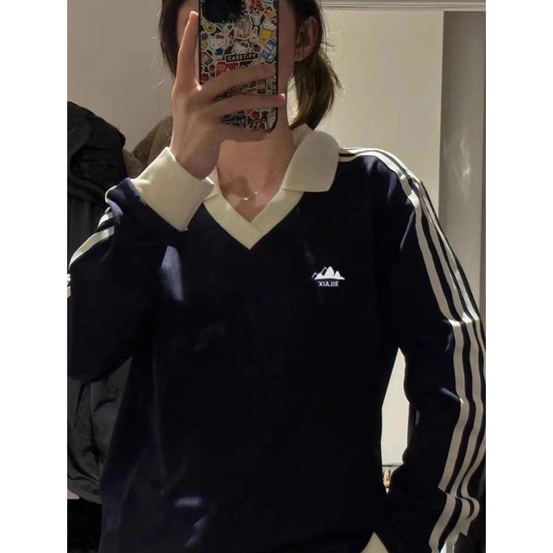 

Women s V-Neck Navy Polo Sweatshirt - Long Sleeve, Slimming Fit, Three-Stripe Style, Straight Shoulders. Extra Large