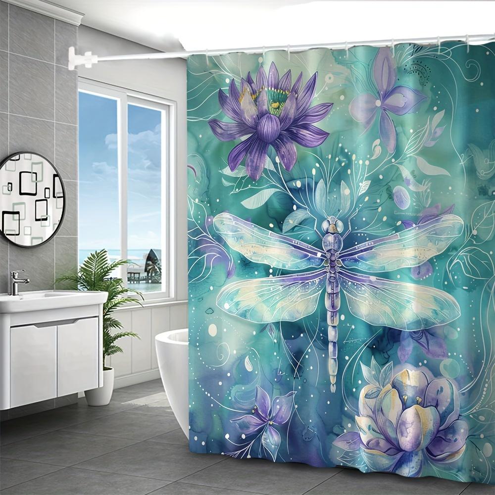 

4 pcs green Dragonfly digital print polyester waterproof bath curtain no punching partition bathroom four-piece set W90XH180cm