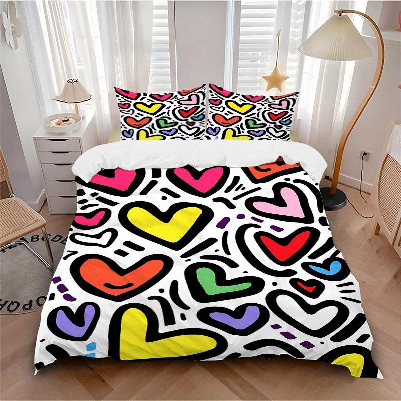 3pcs Colorful Hearts Bedding Set, Breathable and Soft, Suitable for All Seasons, Ideal for Home Use, Suitable for Bedroom Decor yy250821216