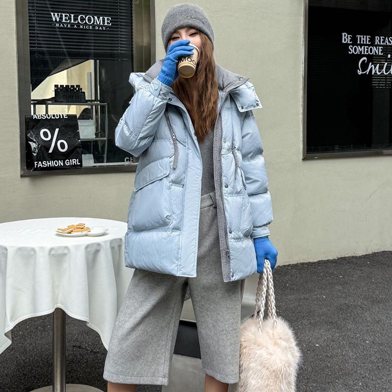 Trendy Brand Contrasting Color White Duck Down Medium and Long Down Jacket Women's Winter Fashion Hooded Thickened Foreign Jacket Burst
