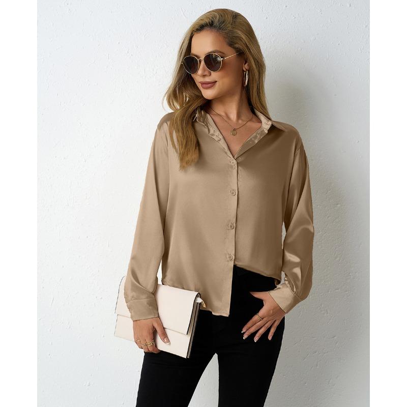 Women's Satin Shirt Simple V-neck Button Blouse Loose Long Sleeved Blouses & Shirts