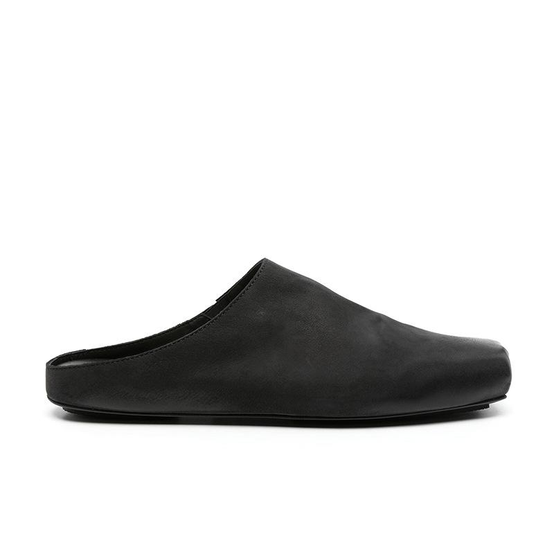 Leather Retro Niche Pig Nose Bag Head Half Slippers Women's Summer and Autumn New Square Head Flat Bottom Washed Cool Slippers