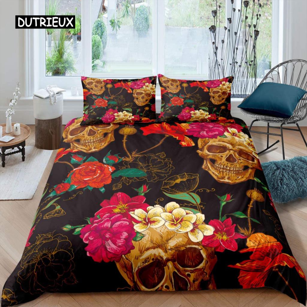 

Постельное белье с изображением сахарного черепа, комплект пододеяльников, готический пододеяльник, двойной/полный/королевский/королевский комплект из 3 предметов, мягкий пододеяльник из микрофибры EU single(135x200cm)