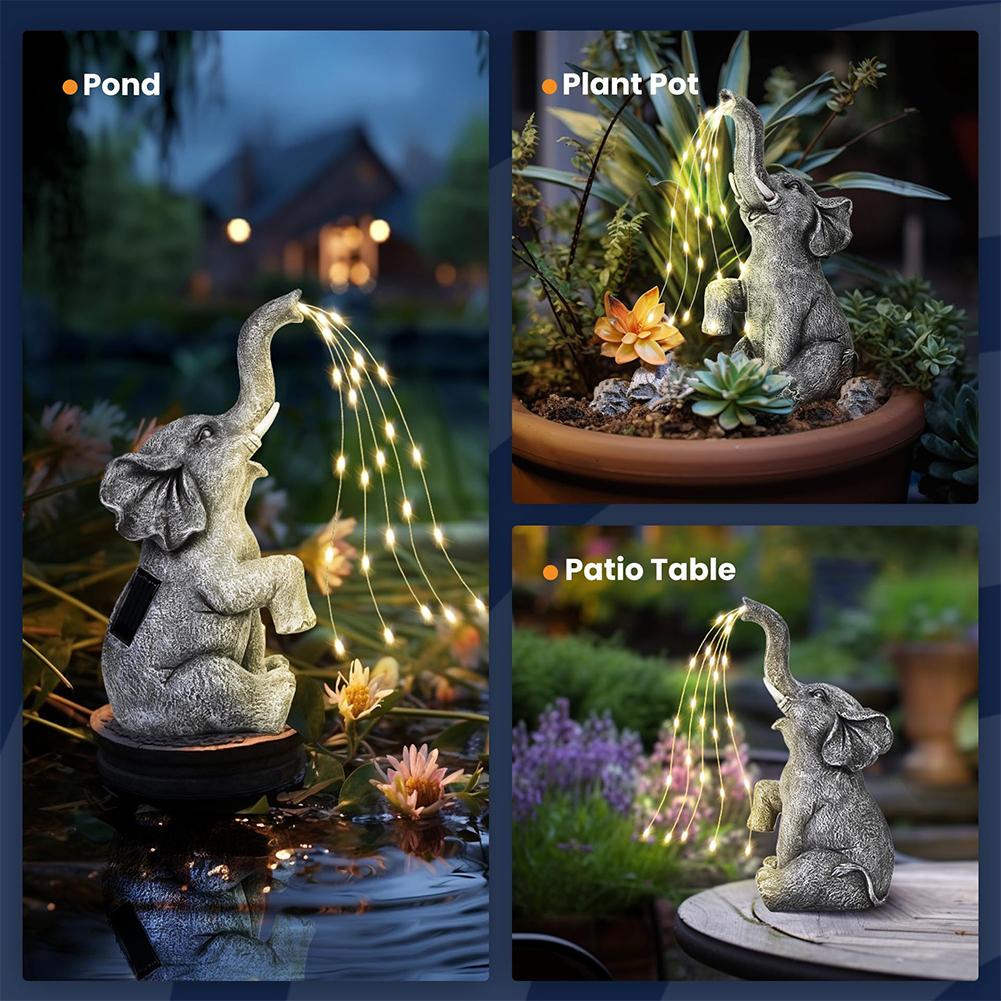 Solar Garden Elephant Statue with LED Light Strings Elephant Decor Elephant Sculpture for Yard Patio and Pathway Decor