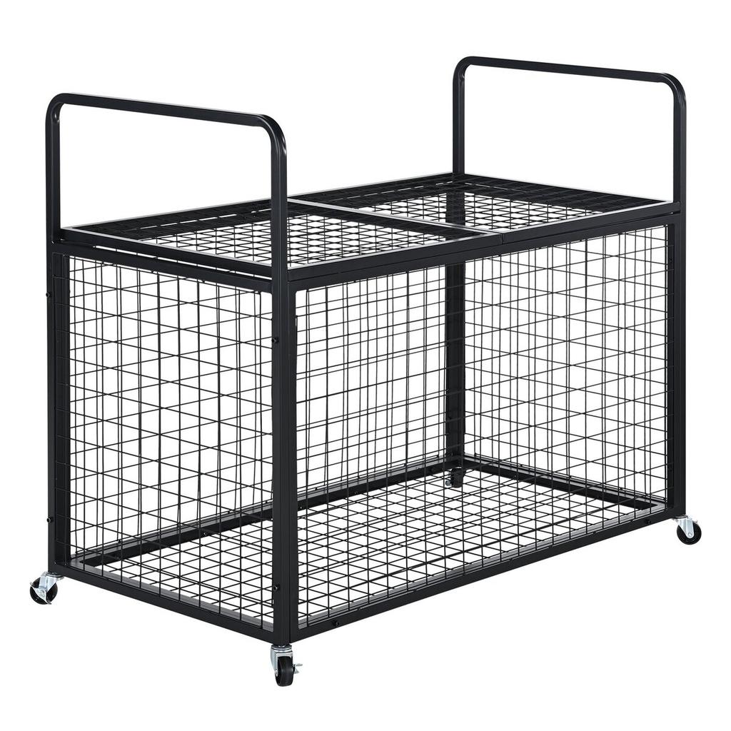 Rolling Sports Ball Storage Cart, Lockable Basketball Cage with Double Lids, Sport Equipment Holder Organizer for Indoor Outdoor, Steel Storage Rack