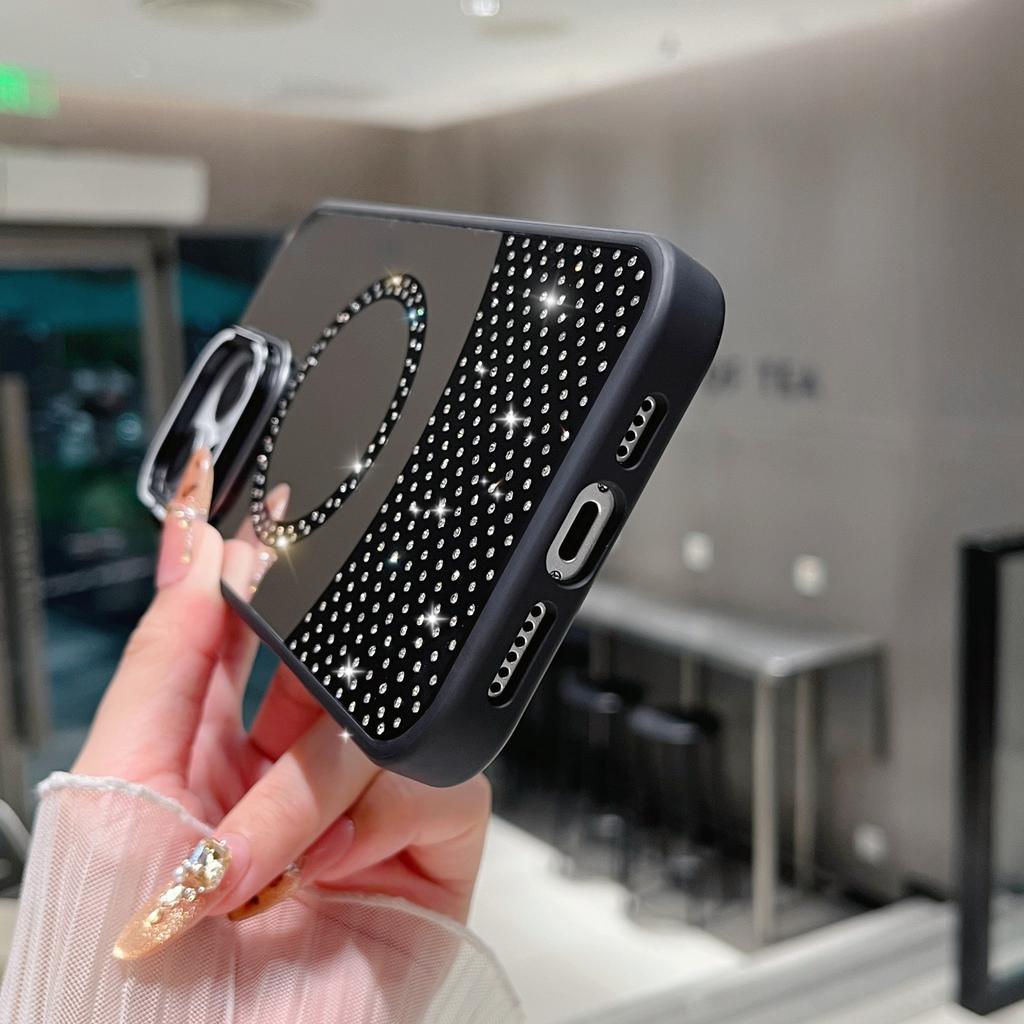 For iPhone 16 Pro Max Magnetic Case Mirror Surface TPU+PC Phone Cover with Lens Frame Kickstand
