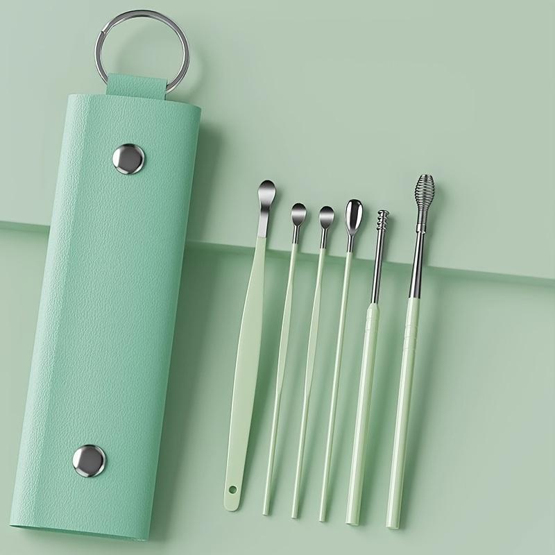 6pcs Set, Ear Cleaning Care, Remove Earwax, Stainless Steel Ear Spoon, Spiral Shape, Ear Pick, with Storage Bag, Travel Long Distance, Carry on Hand