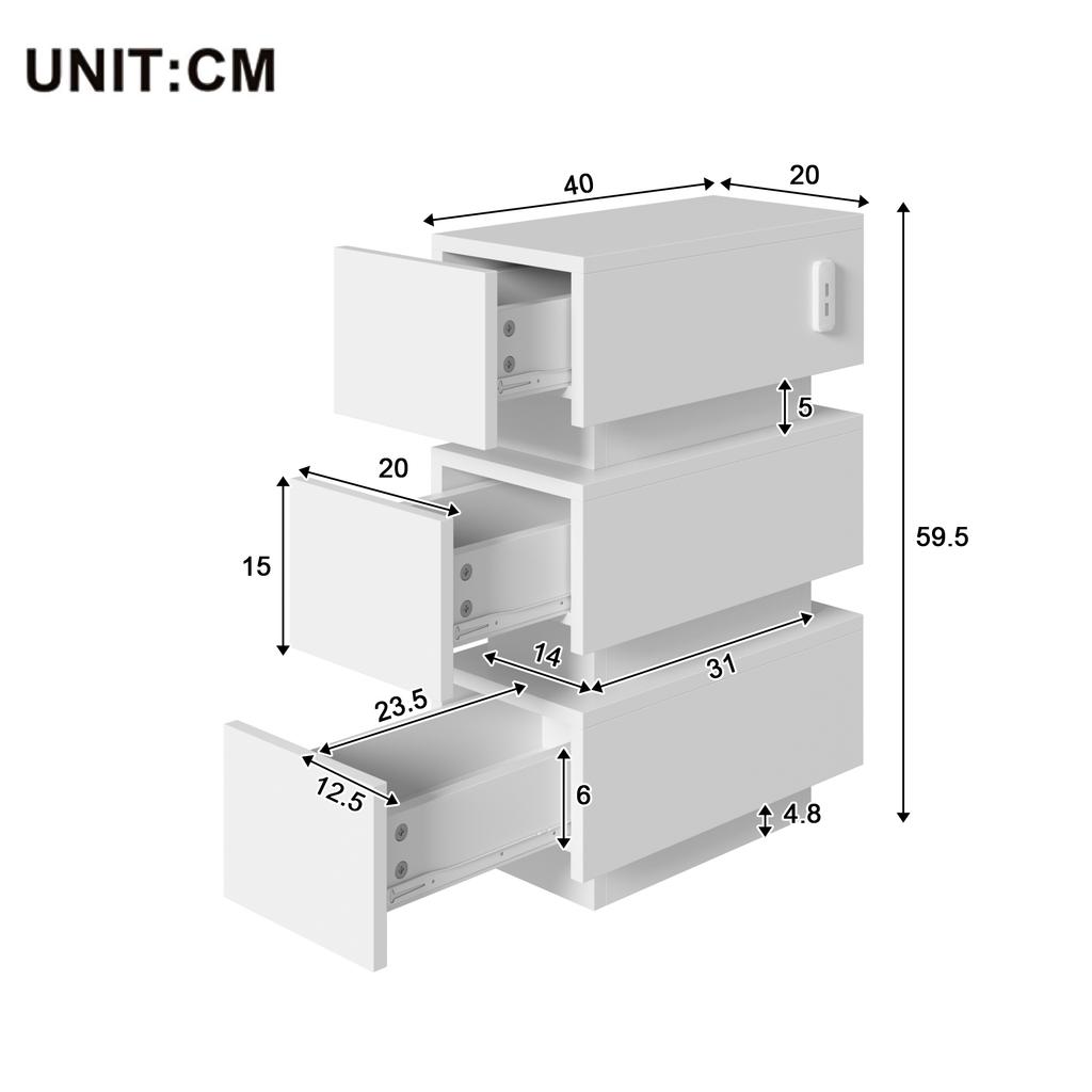 Narrow Nightstand with Outlet & LED Lighting – 3 Drawers, Set of 2, Plenty of Storage Space for Bedroom & Living Room, White, 20x40x59.5 cm