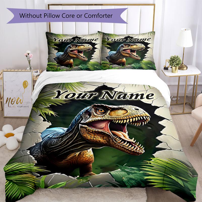 3PC Custom Name Dinosaur Adventure Bedding Set Duvet Cover Closure Includes 1 Duvet Cover & 2 Pillowcases for Bedroom