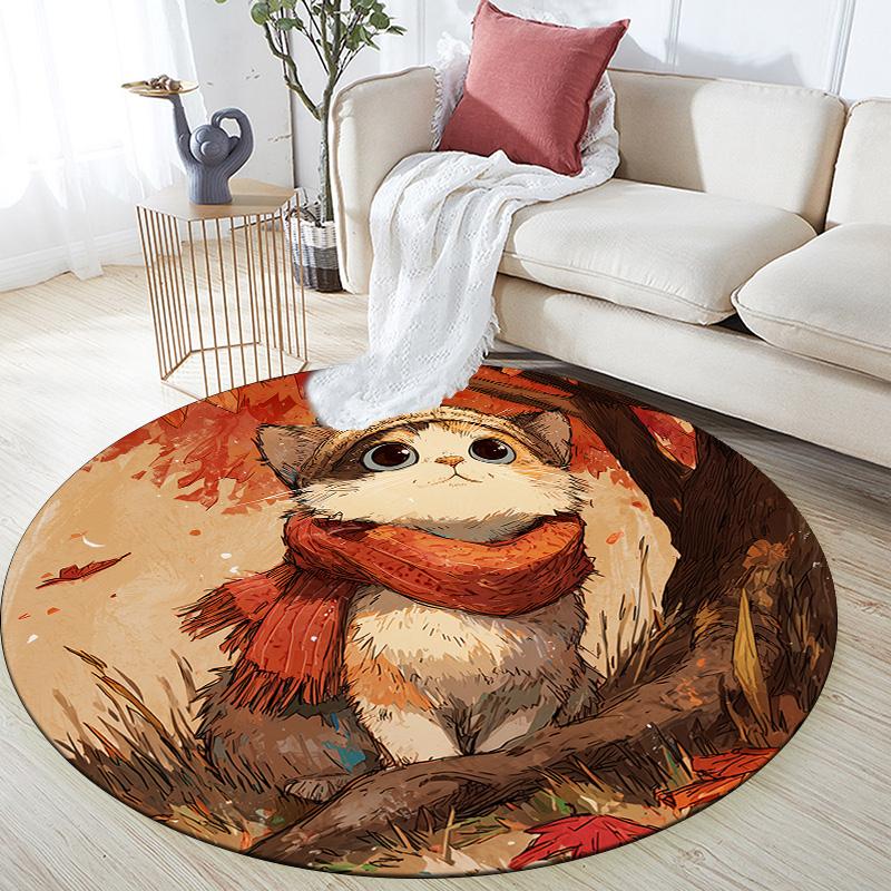 Cat with Leaf Scarf,Round Area Rug,Carpet Rug for Living Room Bedroom Sofa Playroom Decor,Non-slip Floor Mat