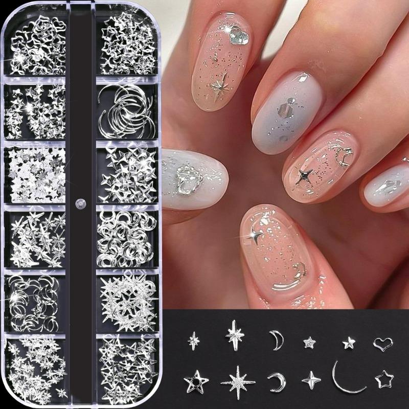 12 Grids Gold Moon Star Metallic Nail Charms 3D Y2K Jewelry Rhinestones Steel Ball Nail Art Decoration Manicure Supply Diy Nail Supplies