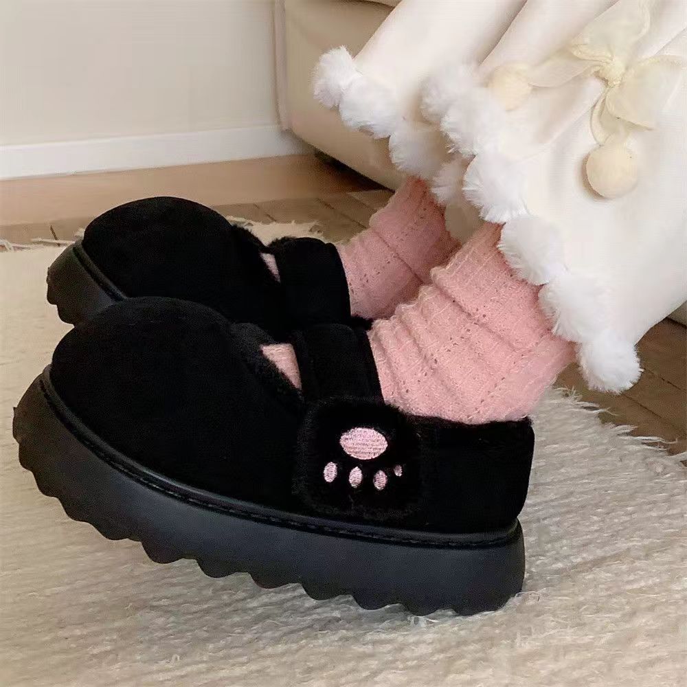 Niedliche Kätzchenpfoten-Klett-Baumwollschuhe für Mädchen zum Tragen im Winter, Samt-Plateau-Einzelschuhe für Mädchen, um ihre Herzen warm zu halten, runde Zehenmütze