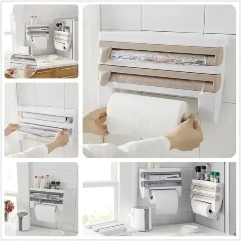Kitchen Cling Film Tissue Holder Sliding Knife Cutter Aluminum Foil Barbecue Paper Cutting Box Household Towel Storage Racks