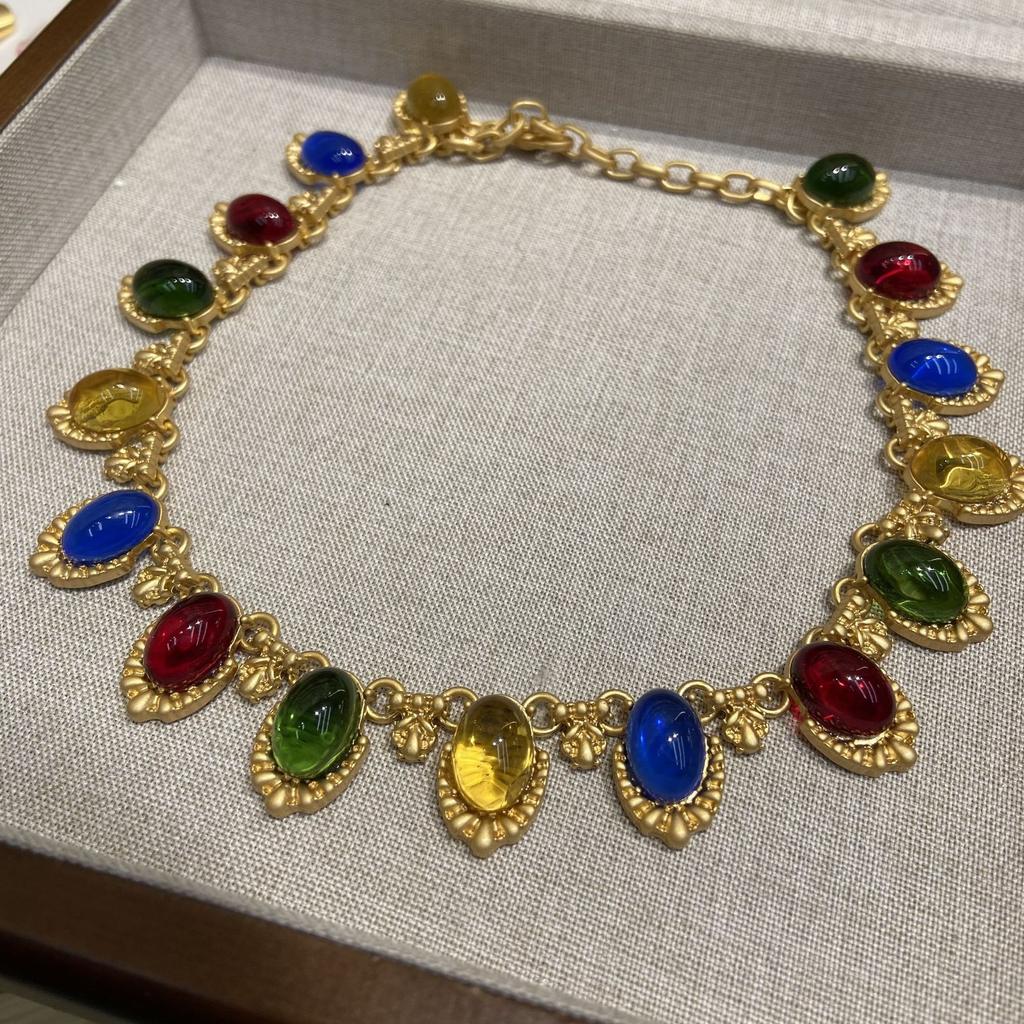 Brass Plated Real Gold Color Retention Retro Color Oval Glazed Necklace Female Bohemian Jewelry Sweater Chain