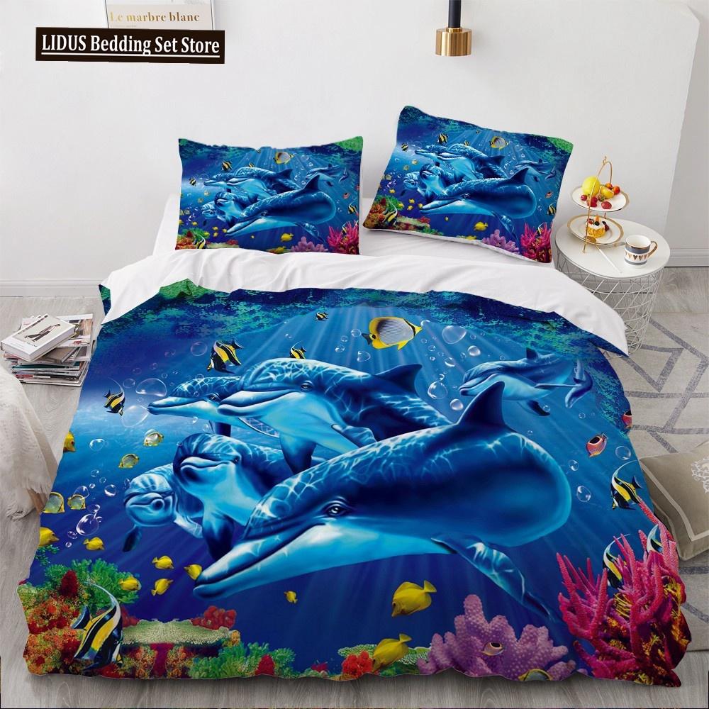 Set Biancheria da Letto 3D alla Moda Delfino Blu del Mare Set Copripiumino Federa Carina Lusso Tessile per la Casa Dimensioni Queen Full 140X200