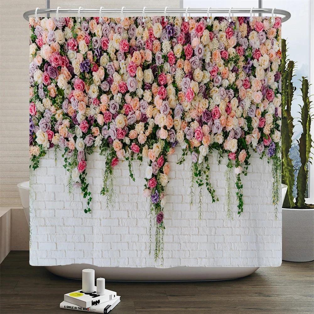 Romantic Rose Garden Print Water-resistant Shower Curtain with Lush Floral Design for Romantic and Serene Bathroom Decor