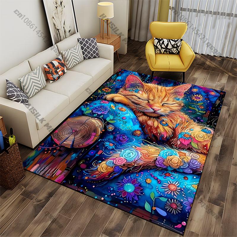 Colorful peaceful cat surrounded flowers carpet Yoga living room room decor children's crawling mat doormat area rug