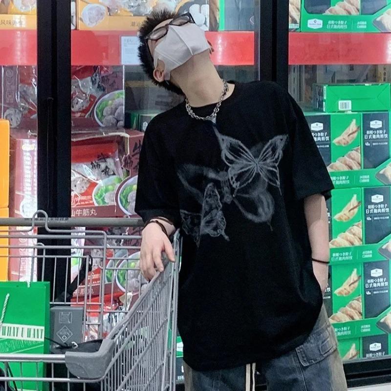 

Черные футболки для пар с принтом бабочки, летние сексуальные футболки унисекс с открытыми плечами Y2k E-Girl, облегающие топы с короткими рукавами для женщин L