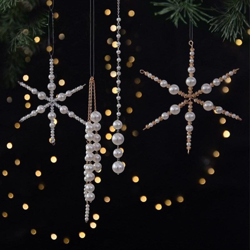 Christmas Tree Hanging Ornament with Faux Pearls Styling, Elegant Holiday Decors for Branches, Window, and Home Accents