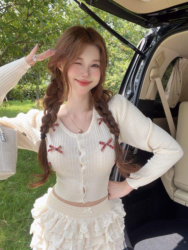 Women's Casual College-Style Bow Knit Cardigan - Small, Round Neck, Autumn/Winter