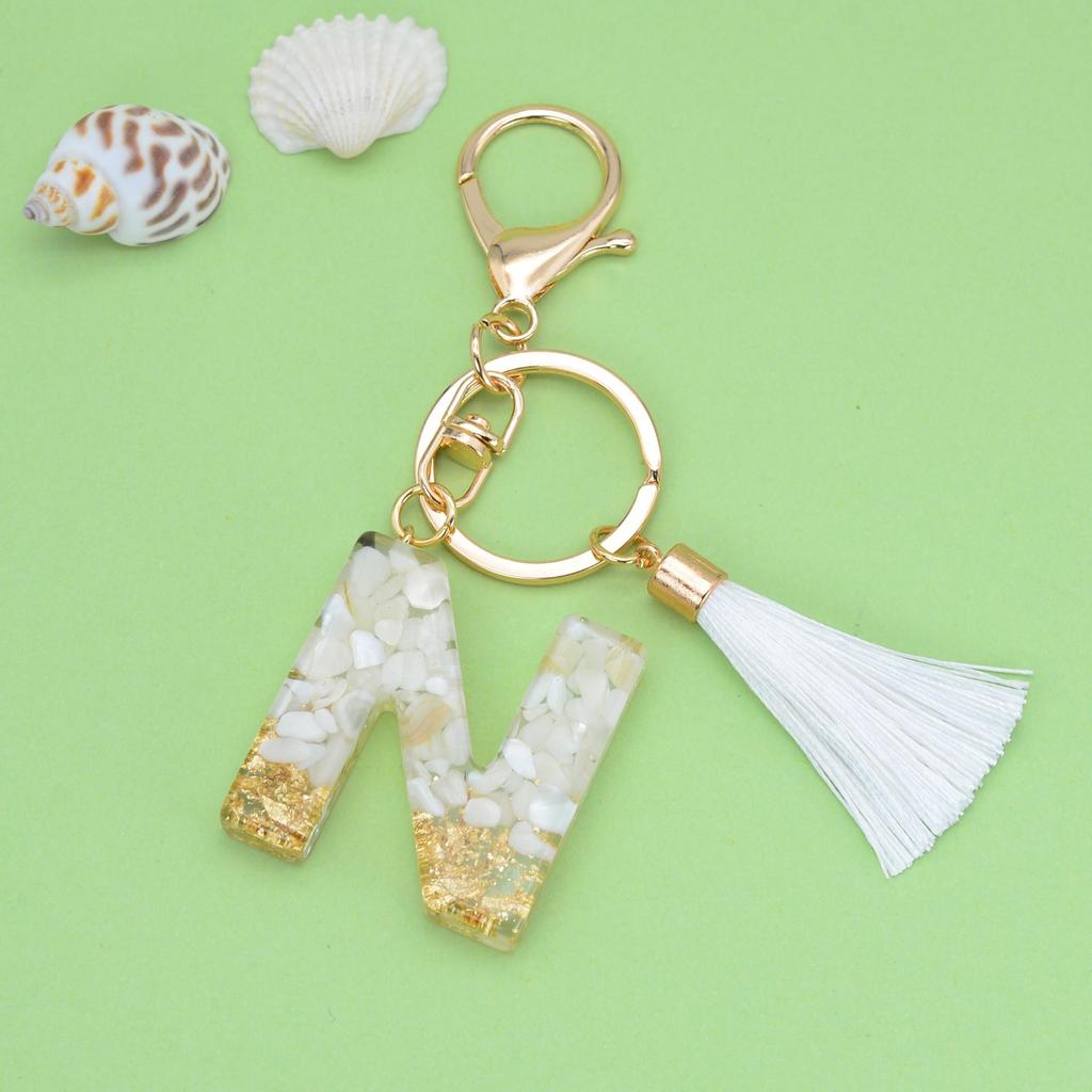 Trendy White Tassel Letter Keychain with Crystal Pendant