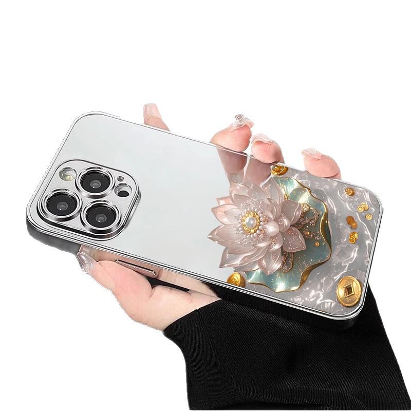 Gold Coin Lotus for Apple 17 Promax Personality 16 New 15 Mobile Phone Case for IPhone 14 Mirror Creative