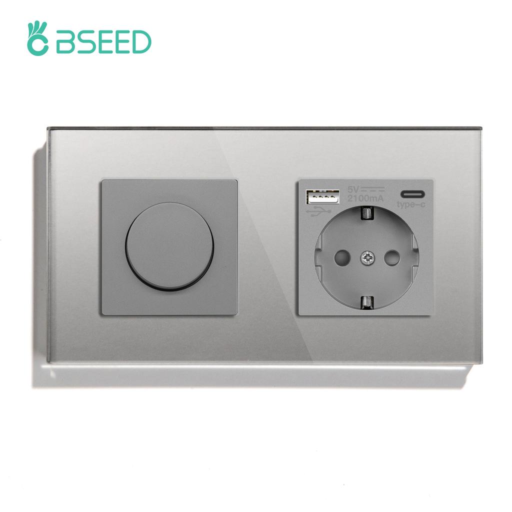 BSEED Mechanical Dimmer Fan Switch With 1/2/3Gang Wall Light Switches EU Socket USB Type-c Power Ports  2.1A Glass Panel