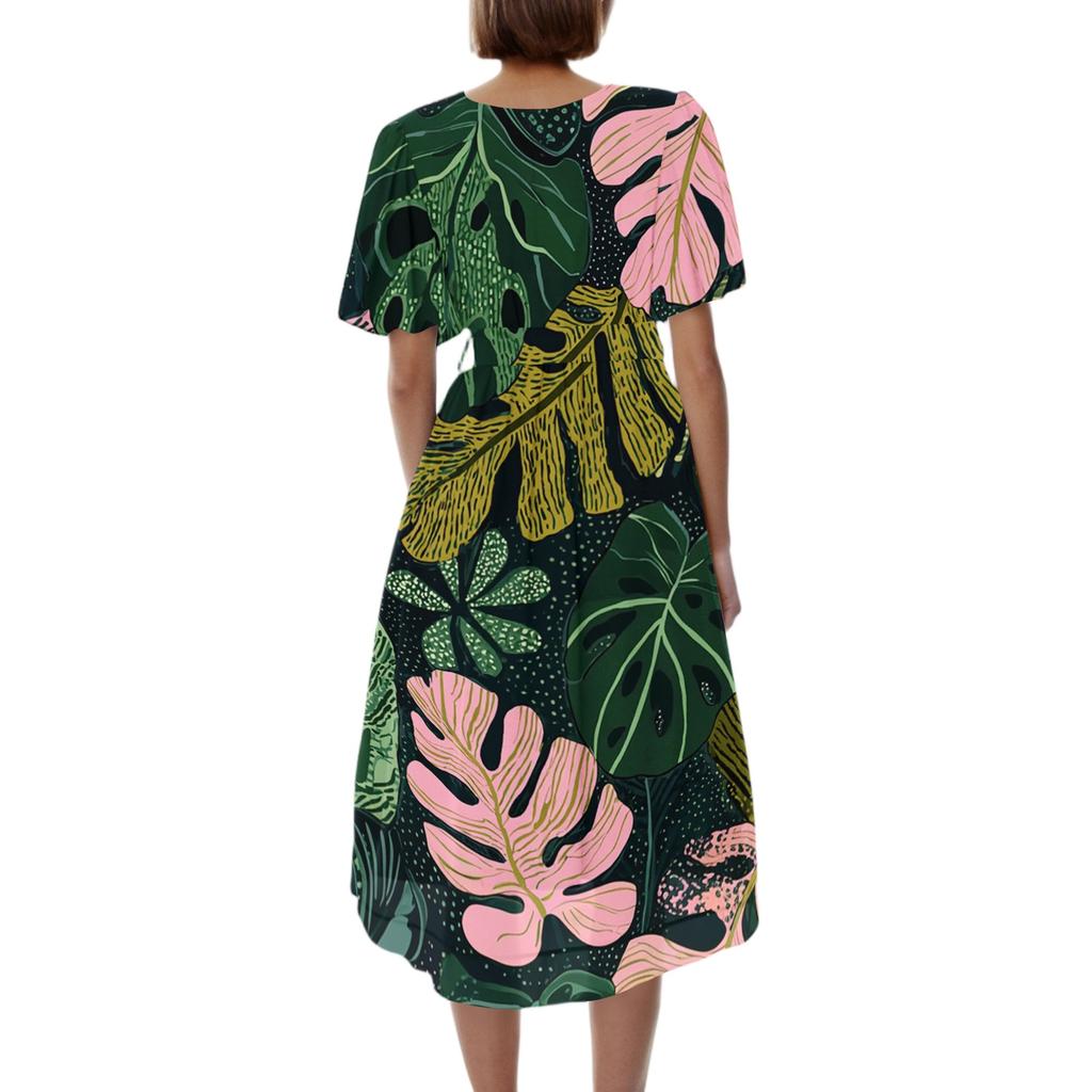 Women V Neck Short Sleeve Casual Dress Vintage Floral Print Midi Dress A Line Summer Dress
