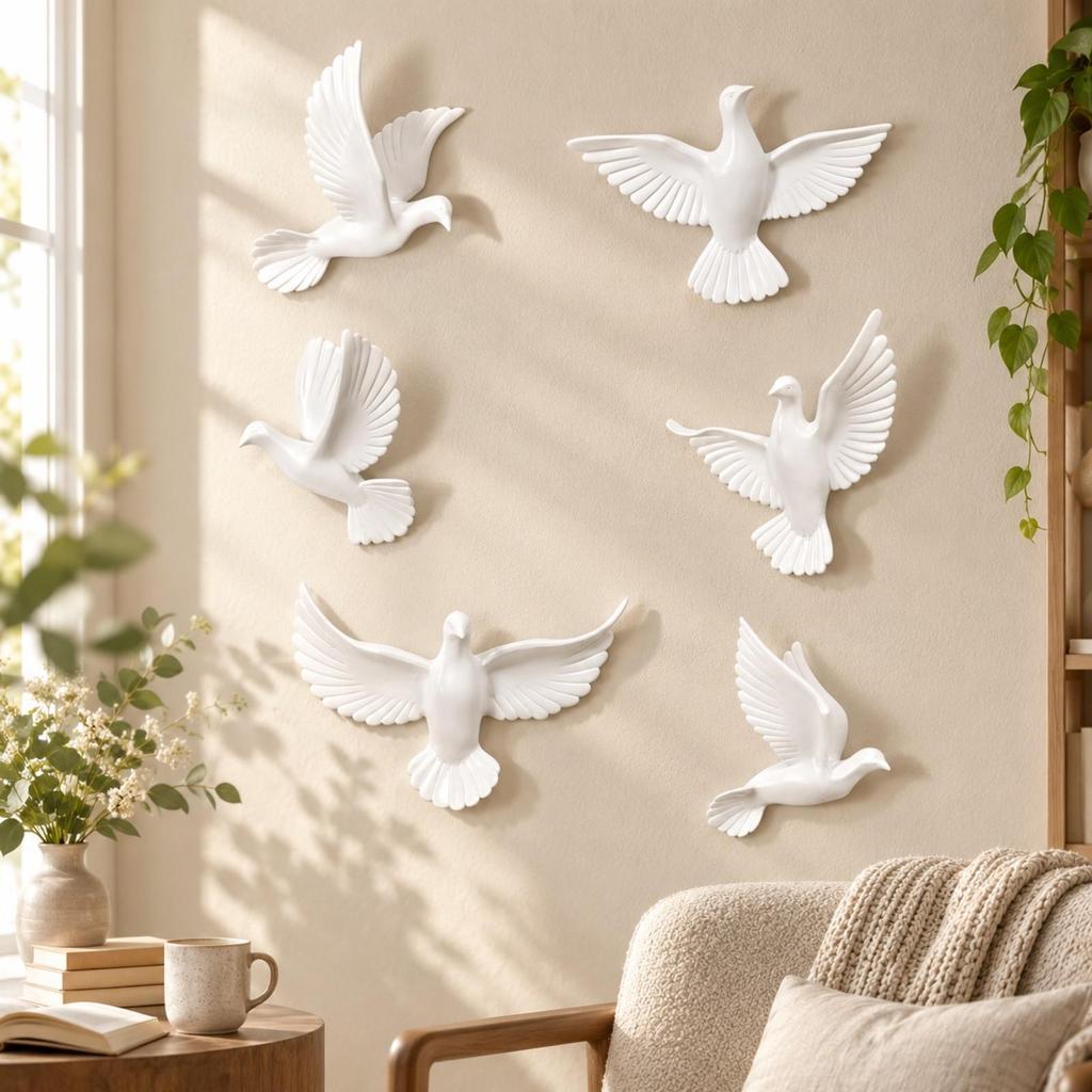 6 Pieces Pigeon Wall Art with Spread Feathers Resin Bird Decor Carved for Living Room, Entryway