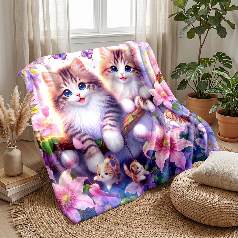 Kittens and Roses Romance Theme blanket Lightweight Warm Flannel Blanket Decorative Throw Blanket for Home Decoration