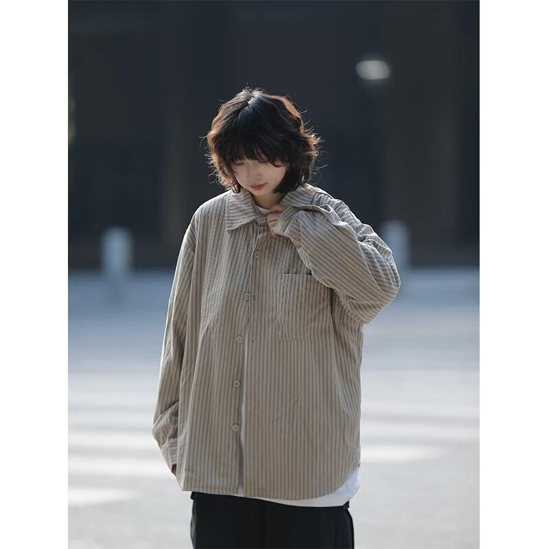 A Yu Dai Spring and Autumn Japanese Style Retro Underwear Striped Long-Sleeved Shirt Men's Loose Preppy Brushed Shirt Coat Women's Fashion