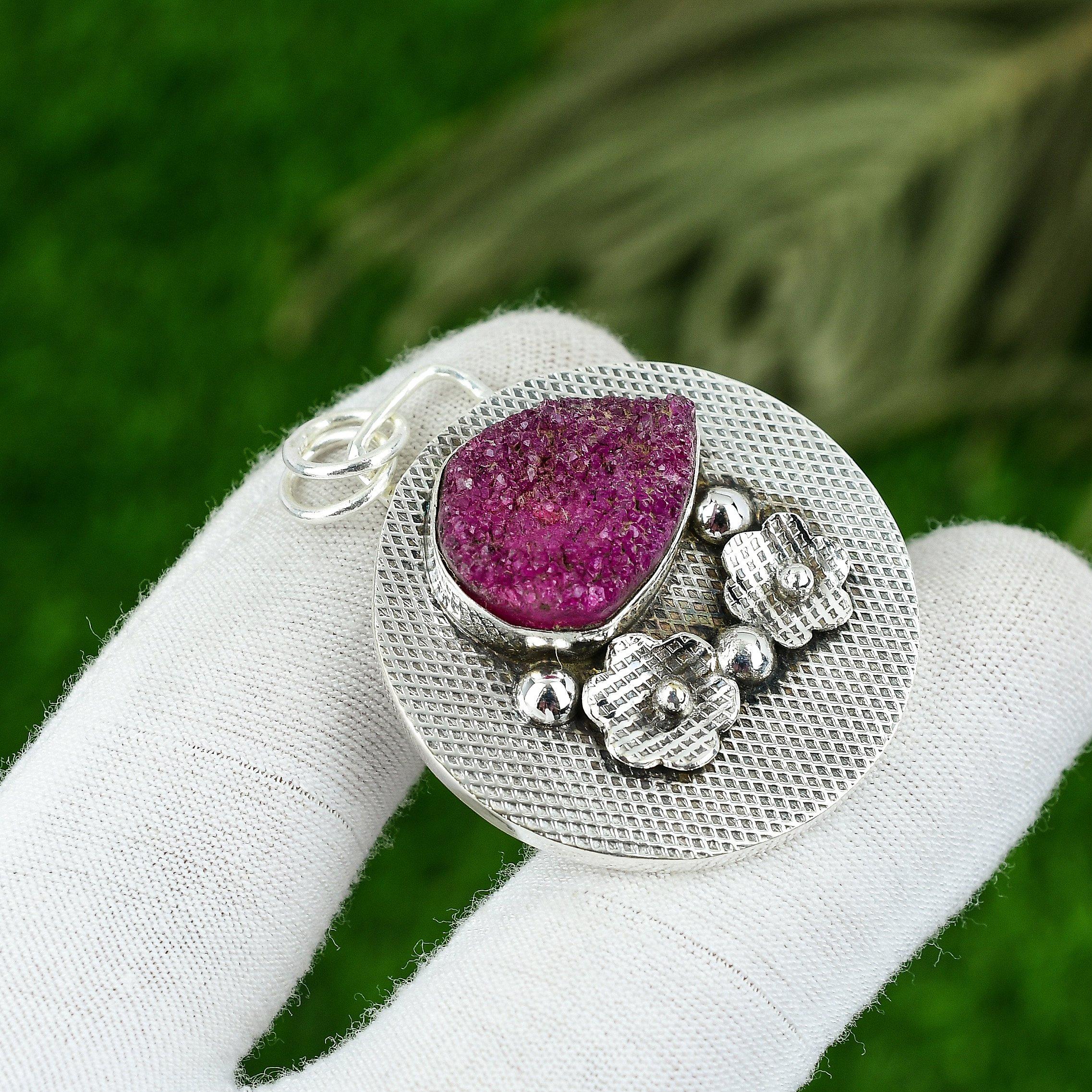 

Natural Druzy Gemstone Pendant Pink Handmade 925 Sterling Silver Indian Jewelry